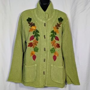 Focus Light Green Cotton Weave Jacket Lightweight, Fall Leaves Applique Casual M